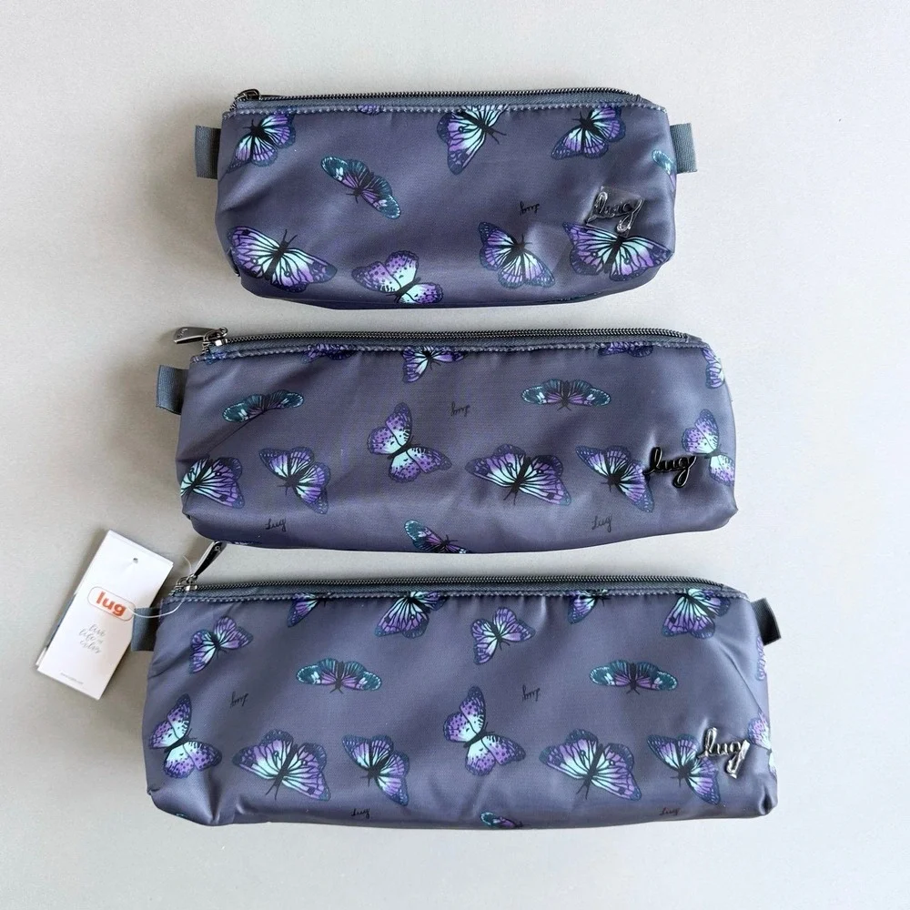 NWT Lug Schooner Butterfly Grey 3-Piece Cosmetic Makeup Travel Pouch Storage Set